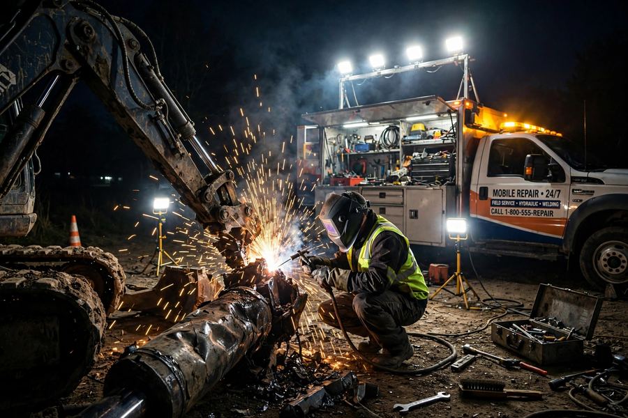 Emergency mobile welding repair at night under work lights