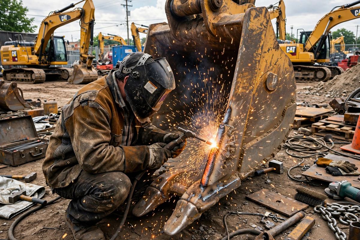 Welder repairing heavy equipment bucket in an outdoor equipment yard