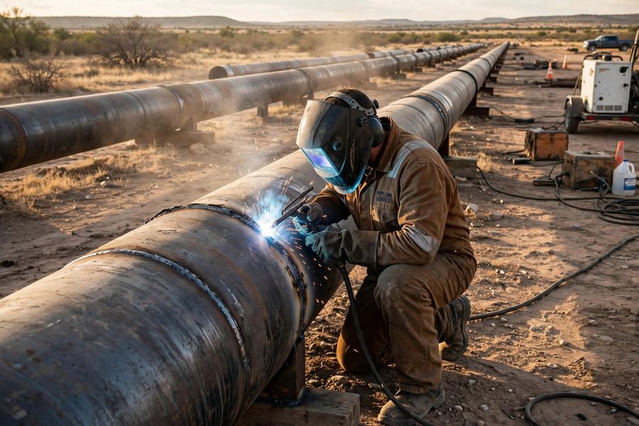 Pipeline welder joining steel pipeline in West Texas